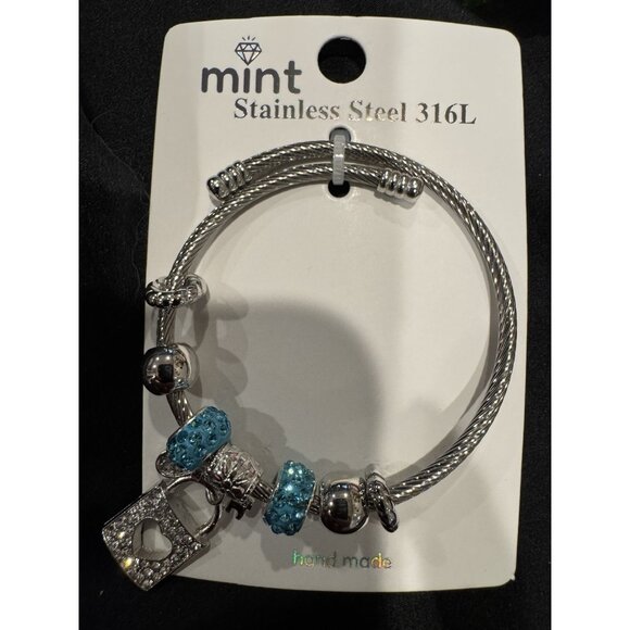 Mint Stainless Steel Heart PadLock Crystals Charm Silvertone Bangle Bracelet NEW - Picture 5 of 6